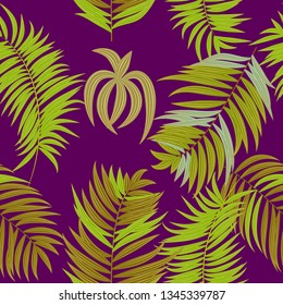 Tropical vector seamless pattern, green branches on pink background. Botany design, jungle leaves of palm tree and flowers.