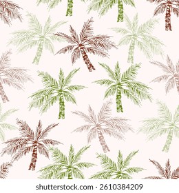 Tropical vector seamless pattern. Green, brown palm trees on light background. For fabric prints, textile products, Hawaiian shirt, beachwear.