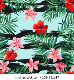 Tropical vector seamless pattern with hibiscus flowers and palm leaves. Trendy botanical illustration. Summer texture for print design.