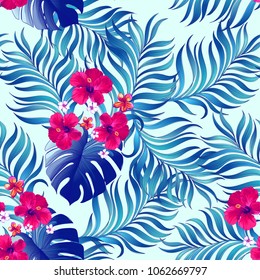 Tropical vector seamless pattern with jungle leaves and hibiscus flowers. Summer print.
