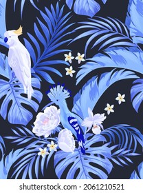 Tropical vector seamless pattern. Jungle print with bird of paradise , flowers, palm leaves. Jungle wallpaper. 