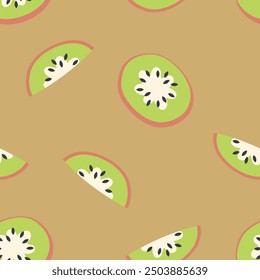 Tropical vector seamless pattern with kiwi slices in flat style. Perfect art background for banner, card, textile, fabric, paper, sale. Hand drawn illustration.


