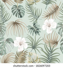 Tropical vector seamless pattern with  leaves of palm tree and flowers. Botany light background, jungle  wallpaper.