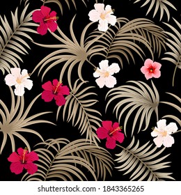Tropical vector seamless pattern with  leaves of palm tree and flowers. Botany background, jungle  wallpaper.