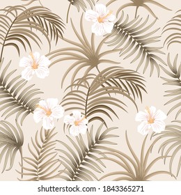 Tropical vector seamless pattern with  leaves of palm tree and flowers. Botany background, jungle  wallpaper.