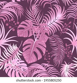 Tropical vector seamless pattern with  leaves of palm tree and flowers. Floral background, jungle  wallpaper.