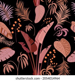 Tropical vector seamless pattern with  leaves of palm tree and flowers. Botany background, jungle  wallpaper.