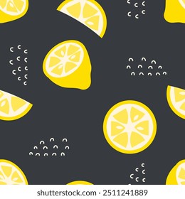 Tropical vector seamless pattern with lemons and slices. Perfect art background for banner, card, textile, fabric, paper, sale. Hand drawn illustration.


