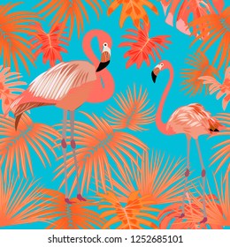 Tropical vector seamless pattern in Living Coral color with flamingo. Main trend concept. Botany design, jungle leaves of palm tree and flowers.