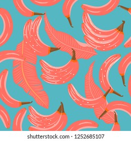 Tropical vector seamless pattern in Living Coral color with banana. Main trend concept. Botany design, jungle leaves of palm tree and flowers.