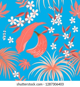 Tropical vector seamless pattern in Living Coral color. Botany design, jungle leaves of palm tree and flowers.