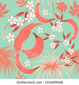 Tropical vector seamless pattern in Living Coral color. Main trend concept. Botany design, banana, jungle leaves of palm tree and flowers.