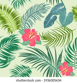 Tropical vector seamless pattern with palm tree leaves and flowers. Botany light background, jungle  wallpaper.