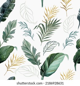 Tropical vector seamless pattern with palm and banana leaves