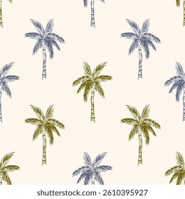 Tropical vector seamless pattern. Palm tree silhouette on light pink background. For fabric prints, textile products, Hawaiian shirt, beachwear, summer vacation.