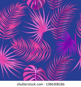 Tropical vector seamless pattern, pink branches on blue background. Botany design, jungle leaves of palm tree and flowers.