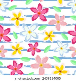 Tropical vector seamless pattern with plumeria flower and leaves. Summer exotic frangipani striped repeat pattern textile design, wallpaper, background.