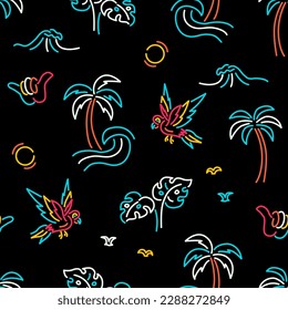 Tropical vector seamless pattern. Repeat pattern with parrots, palm trees, waves and birds.