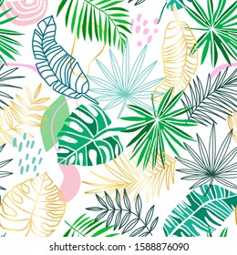 Tropical vector seamless pattern. Summer tropic background. Green, gold, pink jungle leaves isolated on white