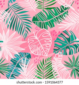 Tropical vector seamless pattern. Summer tropic floral background. Green jungle leaves on pink background