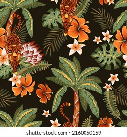 Tropical vector seamless pattern. Tiger, palm trees, green leaves, monstera, exotic flowers summer texture on black