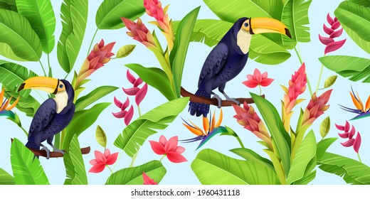Patrón sin costuras de vectores tropicales, textura de jungla toscana, floral, flores del paraíso, hoja de plátano verde. Fondo natural de verano hawaiano, diseño de papel de envoltura de vida silvestre de selva tropical. Patrón tropical azul