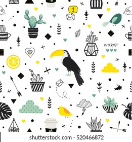 Tropical vector seamless pattern with toucan. . All elements are  hidden under mask. Pattern are not cropped and can be edited.