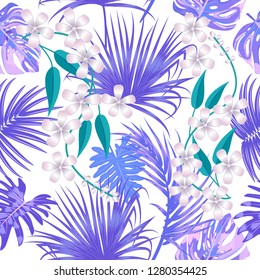 Tropical vector seamless pattern in violet color. Botany design, jungle leaves of palm tree and flowers.