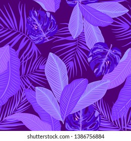 Tropical vector seamless pattern of violet leaves on dark background. Botany design, jungle leaves of palm tree and flowers.