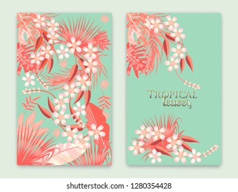 Tropical vector set background in Living Coral color. Botany design for cover. Jungle leaves can be used for brochure template, poster, wedding invitation or card design.