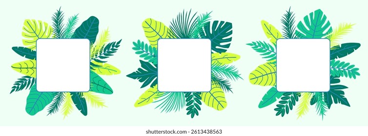 Tropical vector square frames for summer ads, promo, marketing, social media etc. Decorative frames with tropical leaves in bright trendy green and lime yellow colors