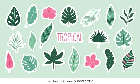 Conjunto de pegatinas para vectores tropicales de hojas y flores