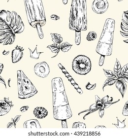Tropical vector summer natural eco food seamless pattern with fruit ice cream, summer food exotic menu card