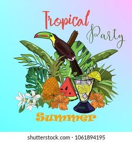 Tropical vector summer party poster with isolated hand drawn flowers, fruits, toucan and cocktail.