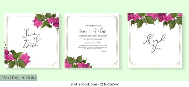 Tropical vector template for wedding invitation. Pink bougainvillea, golden frame.