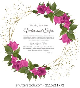 Tropical vector template for wedding invitation. Pink bougainvillea, golden frame.