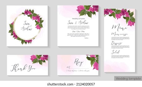 Tropical vector template for wedding invitation. Pink bougainvillea, golden frame, pink watercolor background. The set consists of an invitation card, thank you, rsvp, menu.