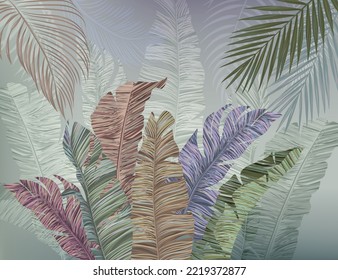 Papel de fondo tropical vectorial de hojas de plátano en colores coloridos y multicolor. Jungle, y Jungalow Style. Grabado antiguo de estilo vintage