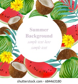 Tropical vector watermelon and coconut card. Summerl template design with palm leaves and exotic flower