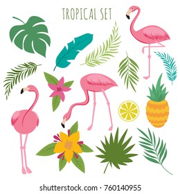 Tropical vectoro set with pink flamingos, palm leaves and flowers. Jungle leaves and pineapple, palm exotic green, vector illustration