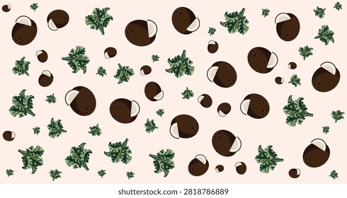 Tropical vegetable pattern featuring brown coconuts and lush green leaves on a white backdrop ideal for health food or exotic fruit themed projects
