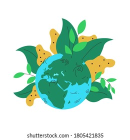 Vegetación tropical en el mundo. Ilustración conceptual de vectores del globo terrestre con plantas tropicales exuberantes y grandes que crecen sobre él. Representa el concepto de plantación, espacios verdes, flores, selvas tropicales, plantas