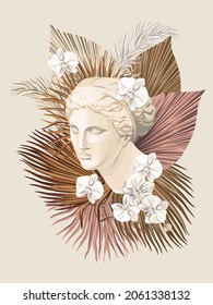 Tropical Venus marble head floral palm leaves, flower print. Goddess sculpture vector illustration.