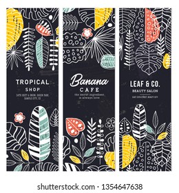 Tropical vertical banner collection. Linear graphic. Floral backgrounds. Scandinavian style. Vector illustration