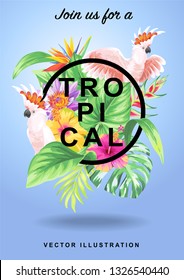 Tropical vertical border with cockatoo, palm leaves, exotic flowers on a blue background. Vector illustration.