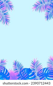Marco de borde vertical tropical. Afiche de la selva morada. Ilustración vectorial con hermosas plantas de amazonas exóticas. Palmeras y hojas de monstera para diseños de verano, tarjetas, cubiertas románticas y fondos de pantalla