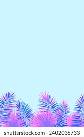 Tropical vertical border frame. Purple rainforest poster. Vector illustration with beautiful exotic amazon plants. Palms and monstera leaves for beaut