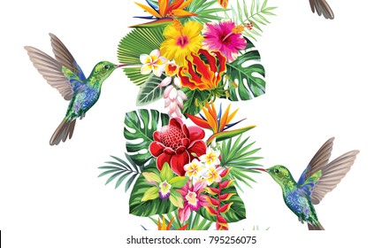 Tropical vertical border with palm leaves, exotic flowers and hummingbirds on a white background. Vector illustration.