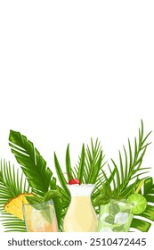 Tropical vertical frame with cocktail, fruits, palm leaves for party invitations, sale posters, banner. Hand drawn illustration with a text place. Elements not cropped, hidden under a clipping mask