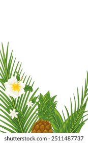 Tropical vertical frame with palm leaf, pineapple and flowers. Party invitation, sale poster, banner. Hand drawn illustration with a text place. Elements are not cropped, hidden under a clipping mask